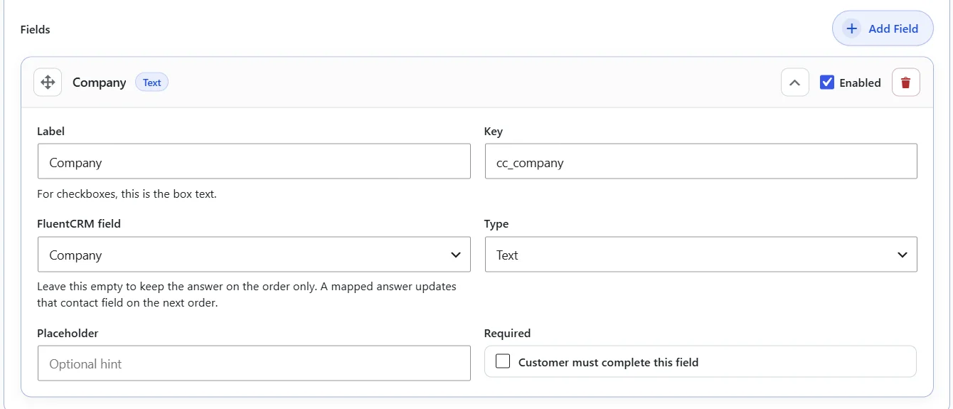 FluentCRM field set to Company on a Checkout Fields text field