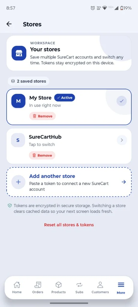 CartCubes Stores screen with active and saved stores, add store option and security note