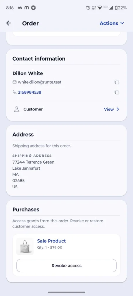 CartCubes order detail showing contact information, shipping address and purchases