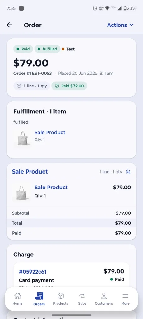 CartCubes order detail showing payment status, total, line items, fulfillment and charge