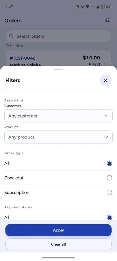 CartCubes Orders screen with the filter sheet open showing customer, product, order type and payment status options