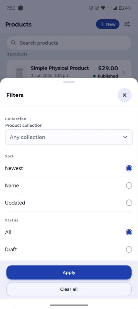 CartCubes Products filter sheet with collection, sort and status options