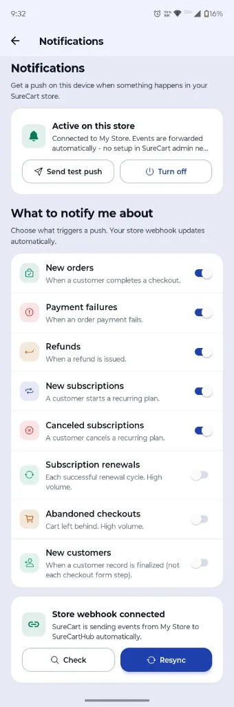 CartCubes Notifications settings with event toggles, test push and store webhook status