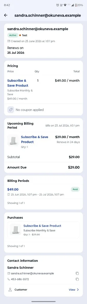 CartCubes subscription detail showing status, pricing, upcoming billing, billing periods, purchases and contact information