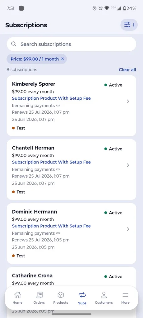 CartCubes Subscriptions list with an active price filter tag and filtered results