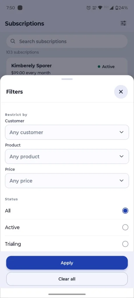 CartCubes Subscriptions filter sheet with customer, product, price and status options