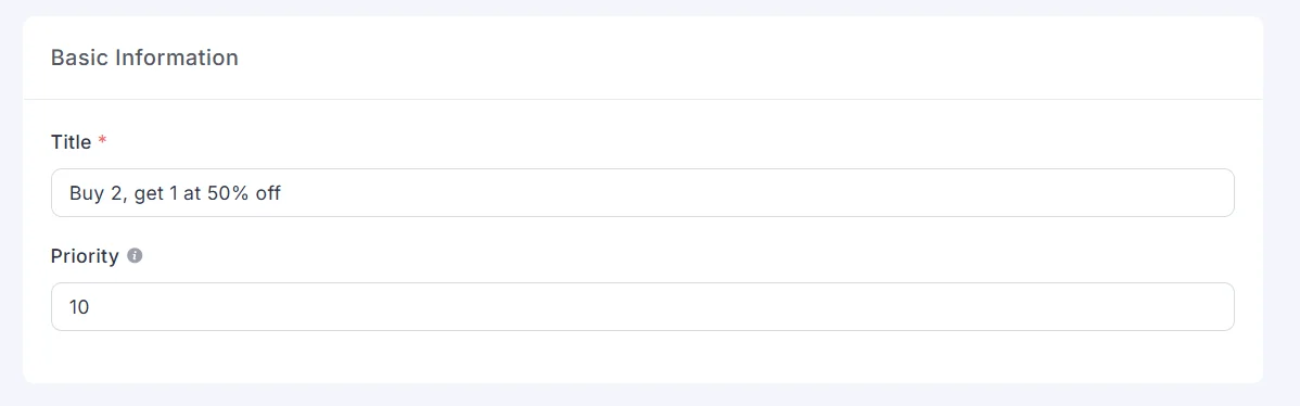 Title Buy 2, get 1 at 50% off, priority 10