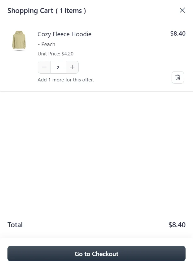 Cart of 2 Peach hoodies at $8.40, offer not applied yet