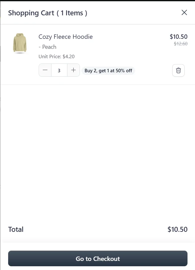 Cart total $10.50 for 3 Peach hoodies