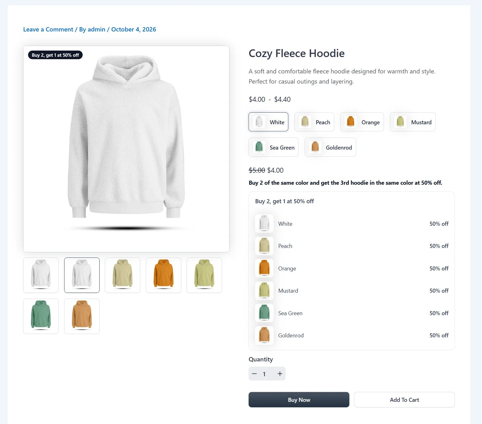 White Cozy Fleece Hoodie at $4.00, with the 50% off notice