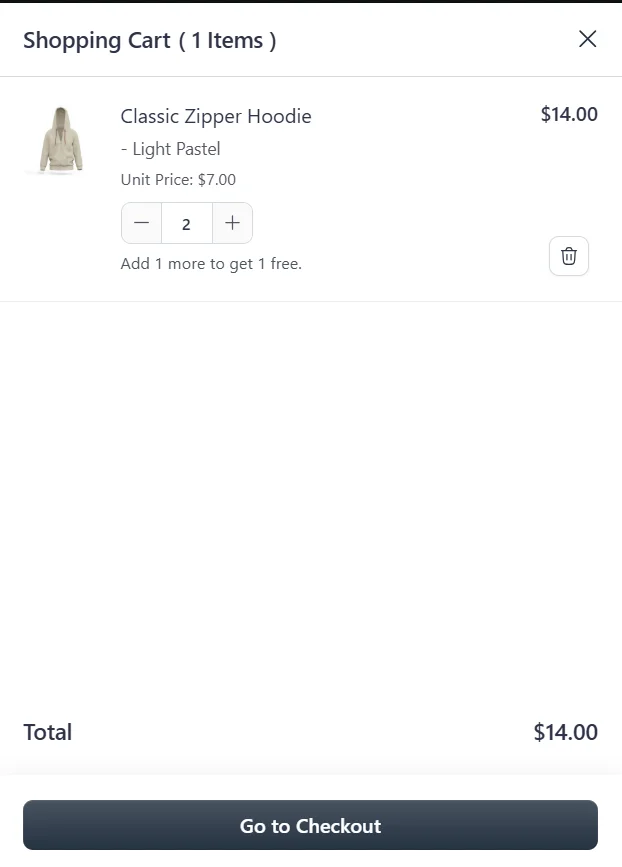 Cart of 2 Light Pastel hoodies at $14.00, offer not applied yet