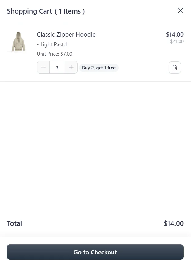 Cart total $14.00 for 3 Light Pastel hoodies