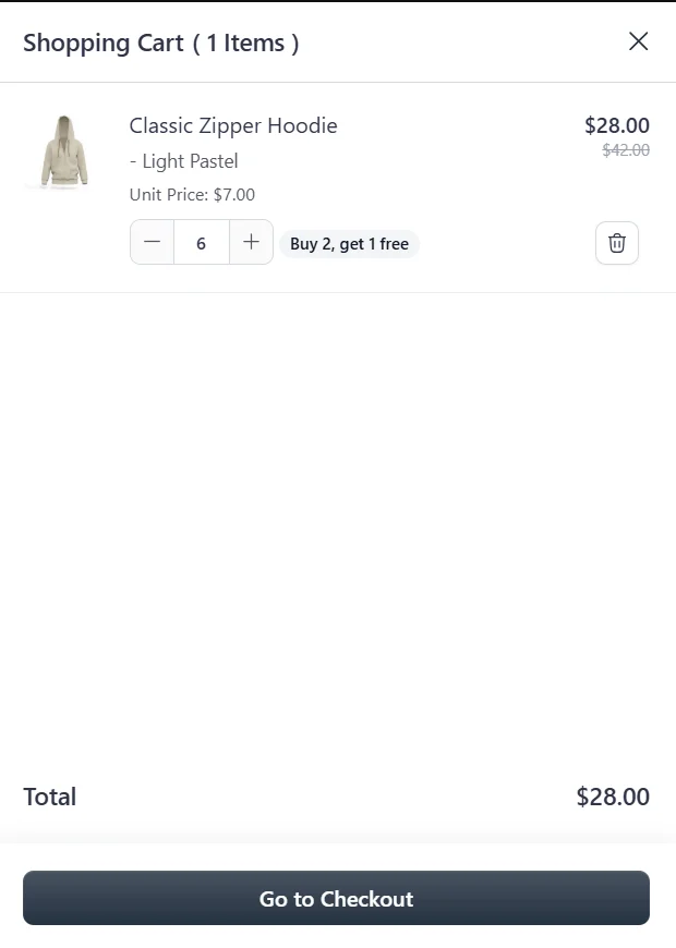 Cart total $28.00 for 6 Light Pastel hoodies