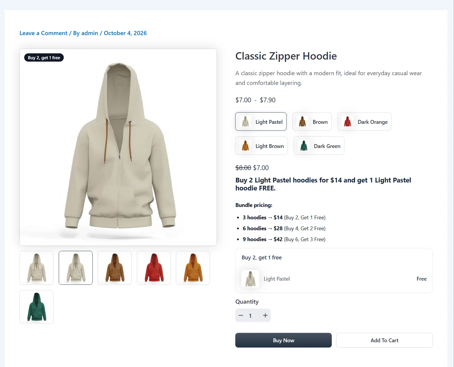 Light Pastel zipper hoodie at $7.00, with the free offer notice