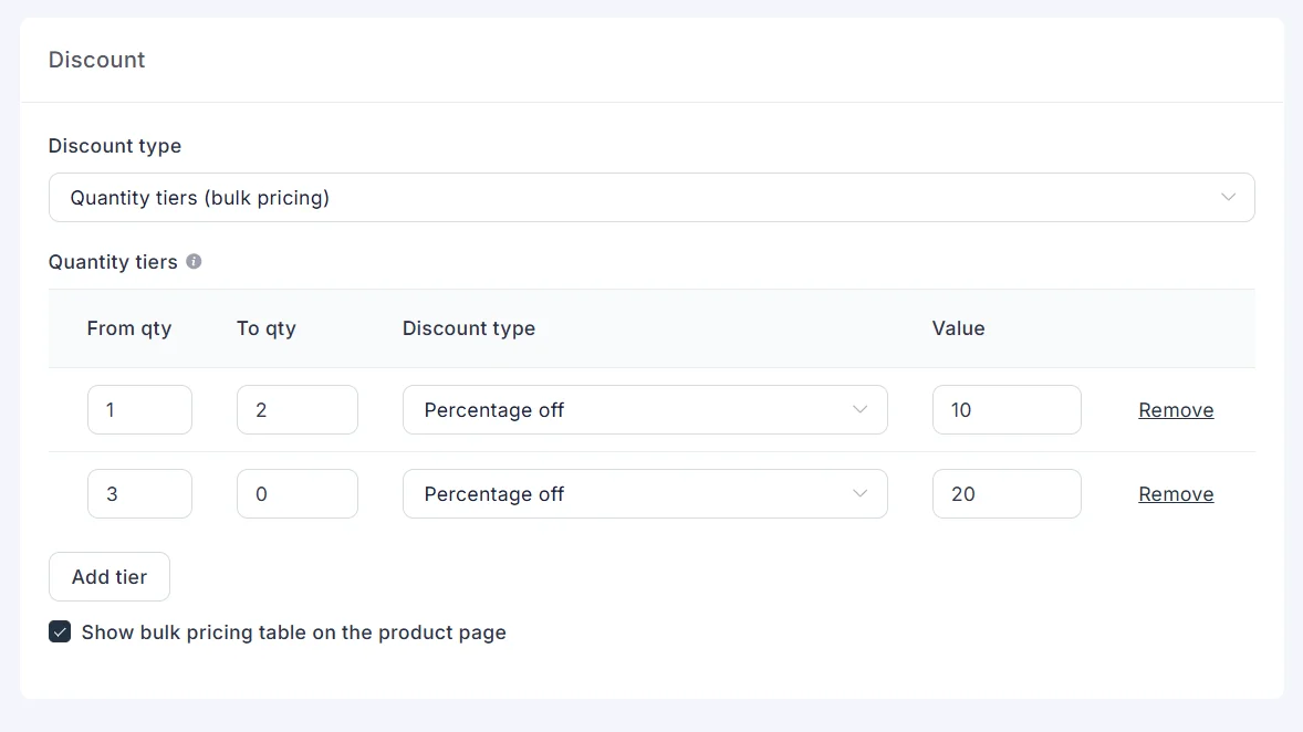 Quantity tiers: 10% for 1 to 2, 20% from 3 up