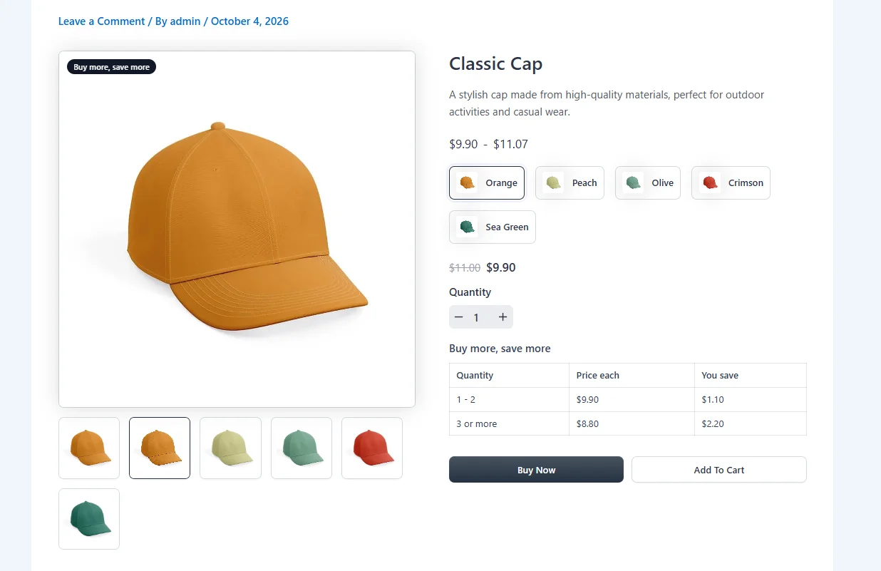 Orange cap at $9.90, with the bulk pricing table