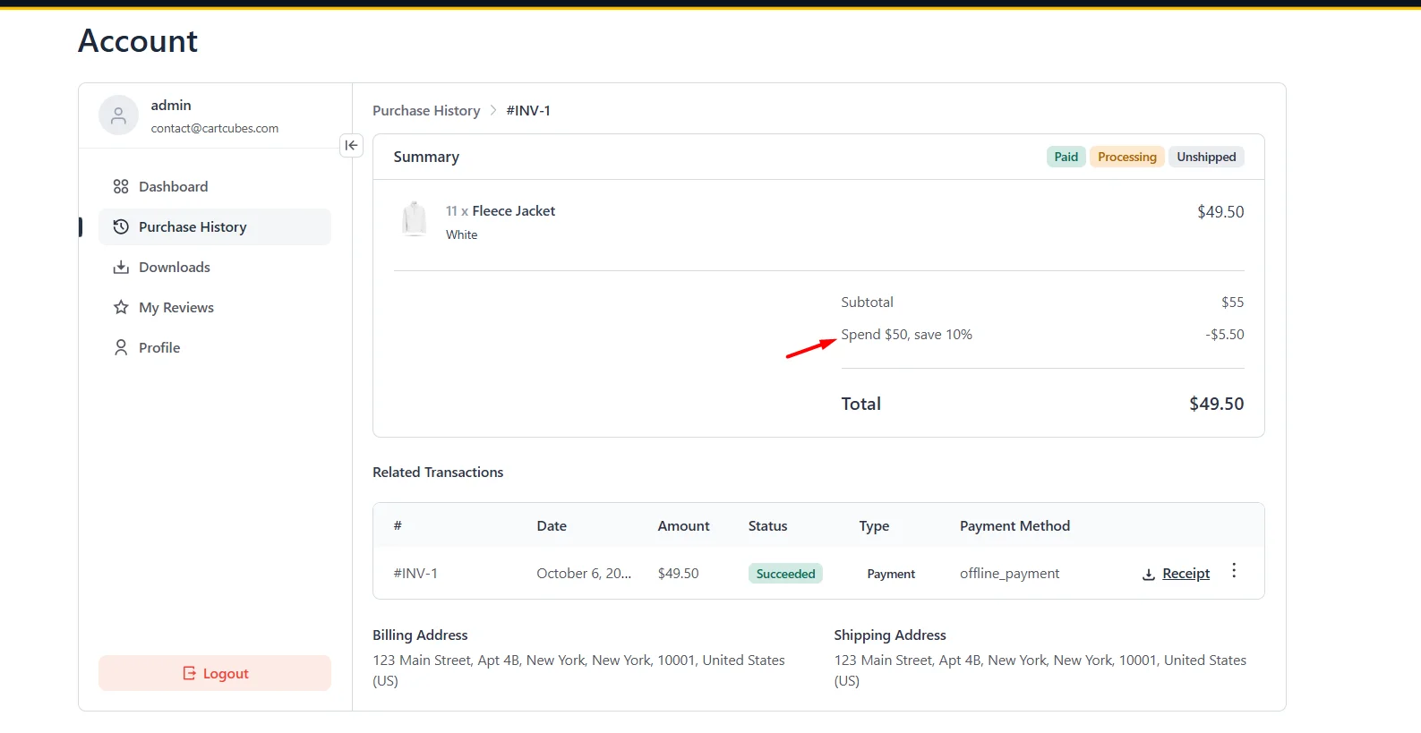 Customer purchase history with the $5.50 discount