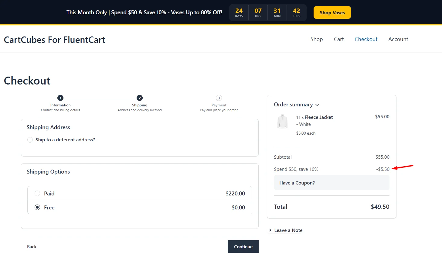 Checkout total $49.50 after $5.50 off