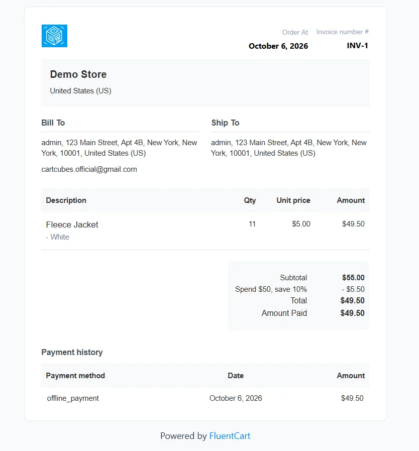 Invoice INV-1 total $49.50 after Spend $50, save 10%