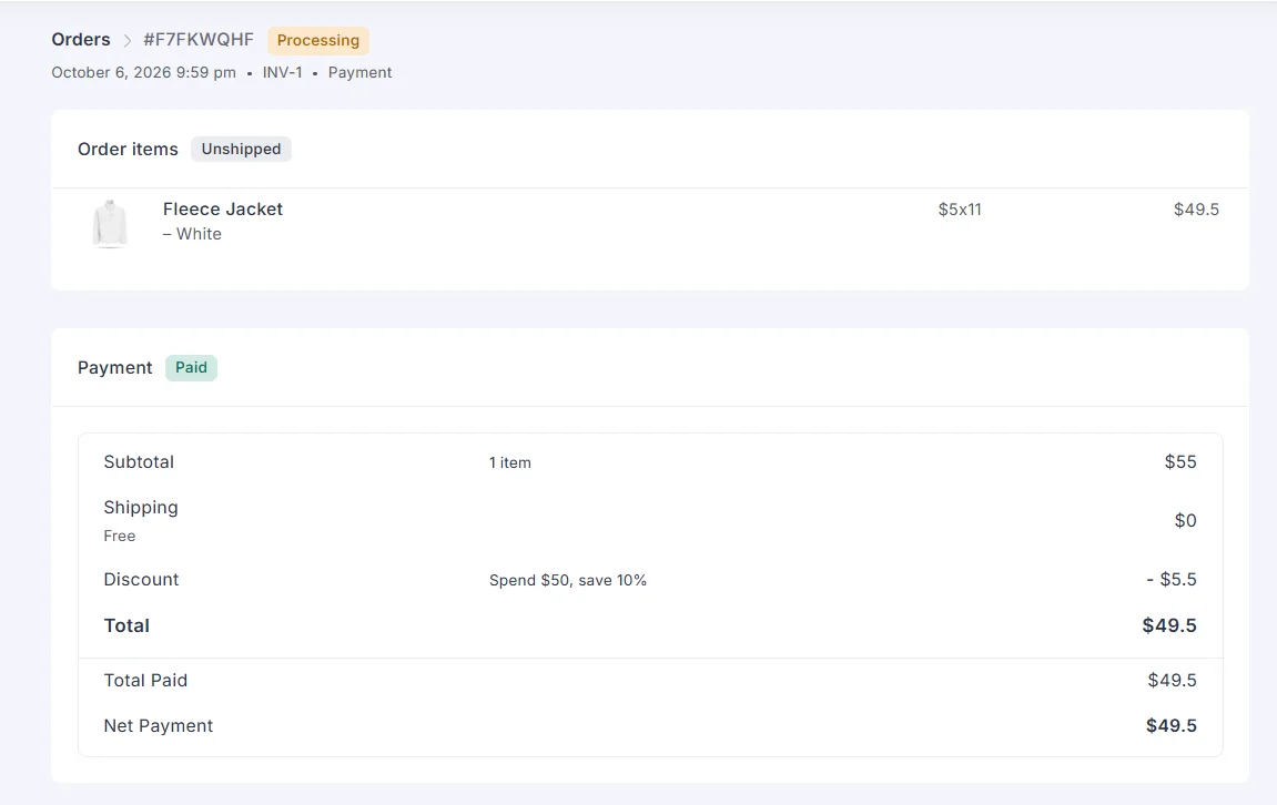 Admin order #F7FKWQHF with a $5.50 discount