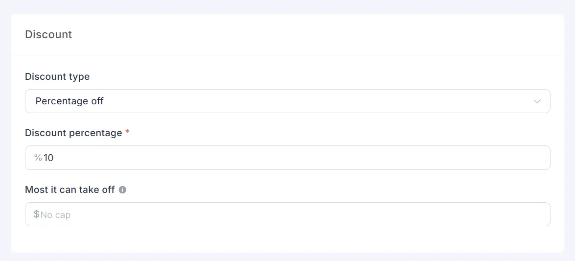Percentage off, 10%, with no cap