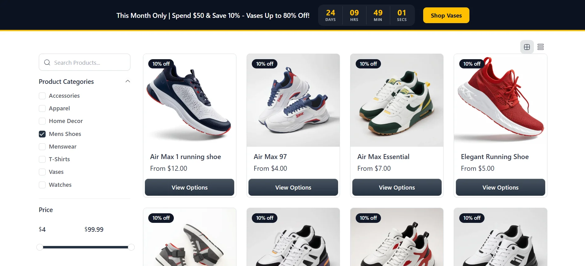 Mens Shoes shop with a 10% off badge on each shoe