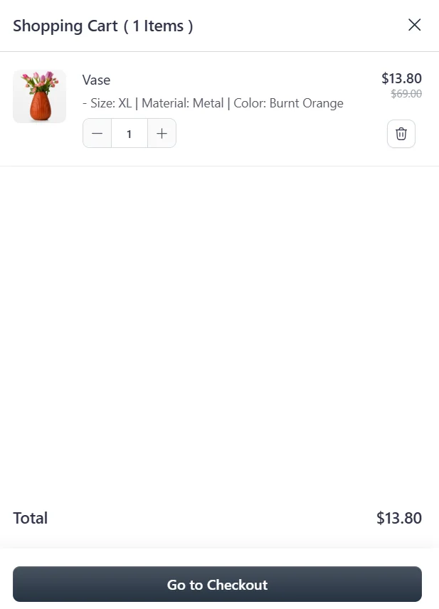 Cart total $13.80 for the Burnt Orange vase