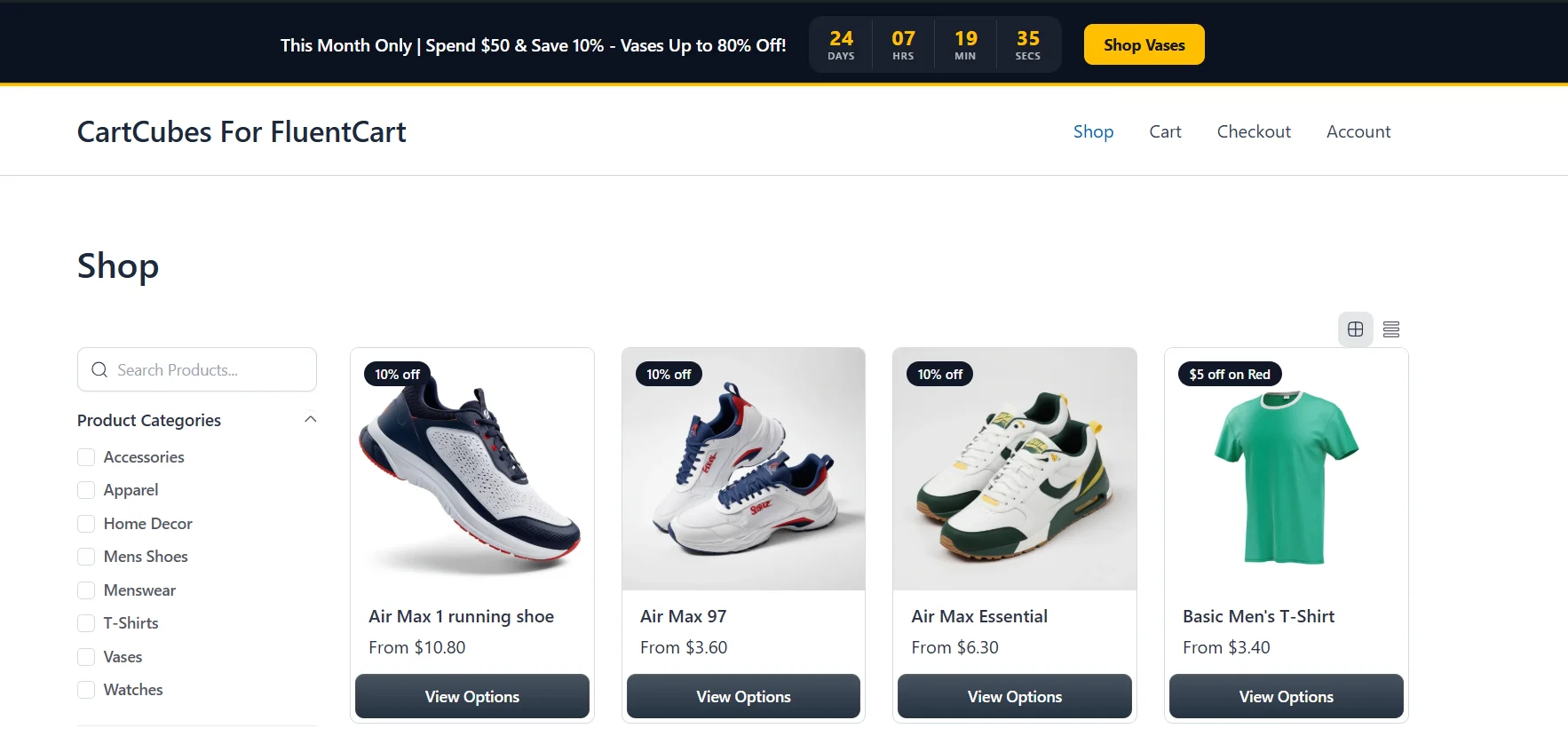 Site banner across the shop: This Month Only, with Shop Vases