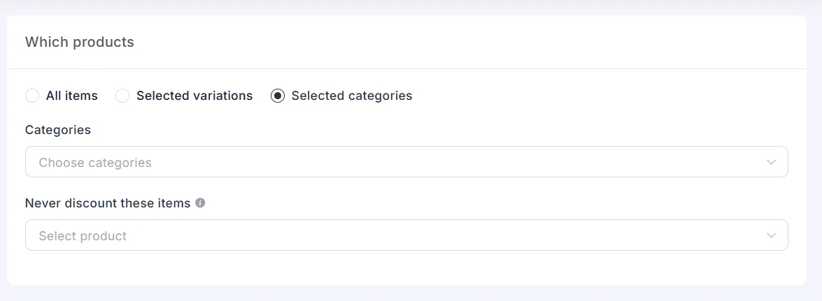 Which products set to selected categories