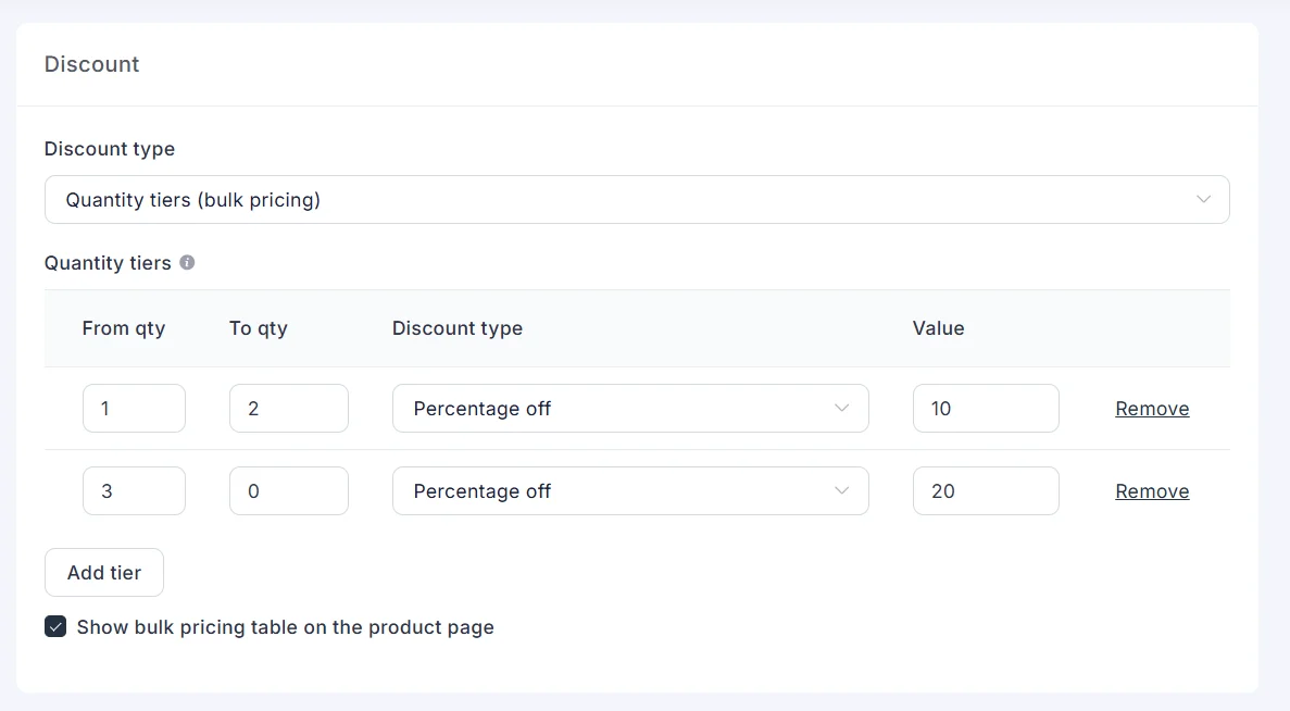 Quantity tiers with From qty, To qty, type, and value