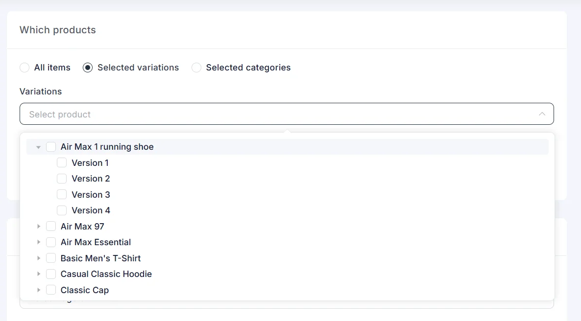 Which products set to selected variations