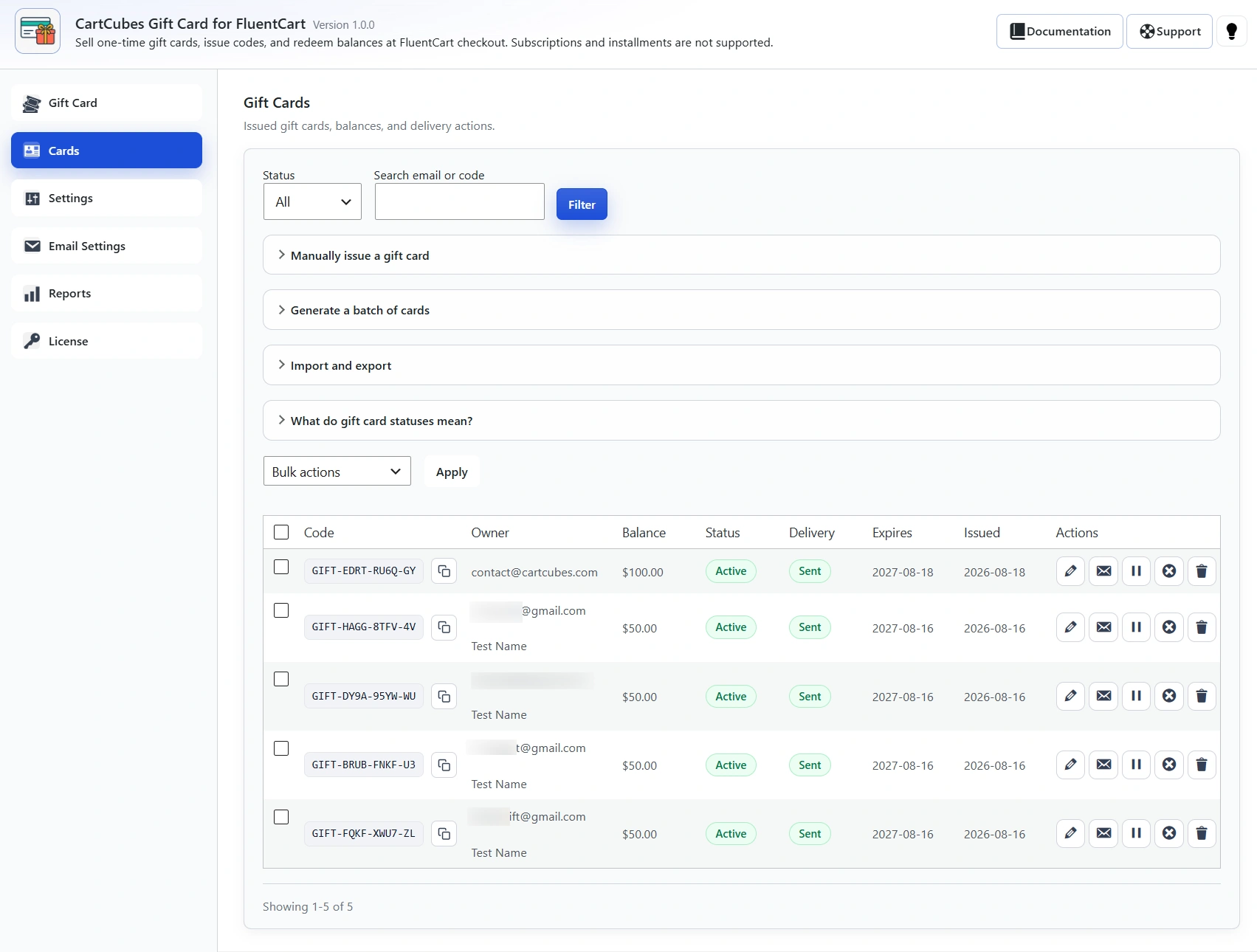 Cards table with Code, Owner, Balance, Status, Delivery, Expires, Issued and row actions, plus expandable panels for manual issue, batch generate, import and export, and the status key.