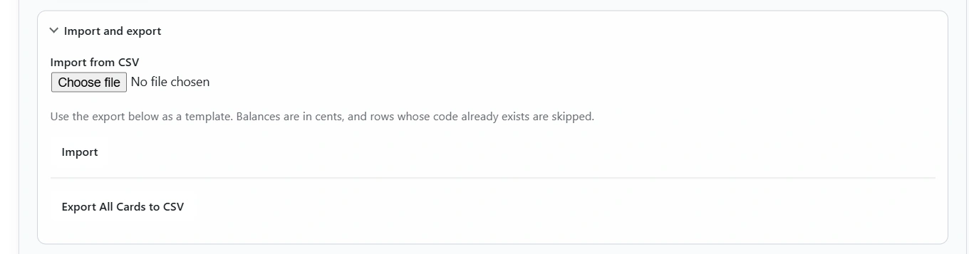 Import and export panel: upload a CSV of cards, or Export All Cards to CSV from the same screen.
