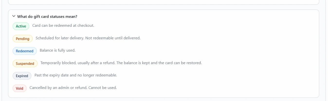 Status key: Active can be redeemed, Pending is scheduled and not redeemable yet, Redeemed is fully used, Suspended keeps the balance, Expired is past the date, Void cannot be used.