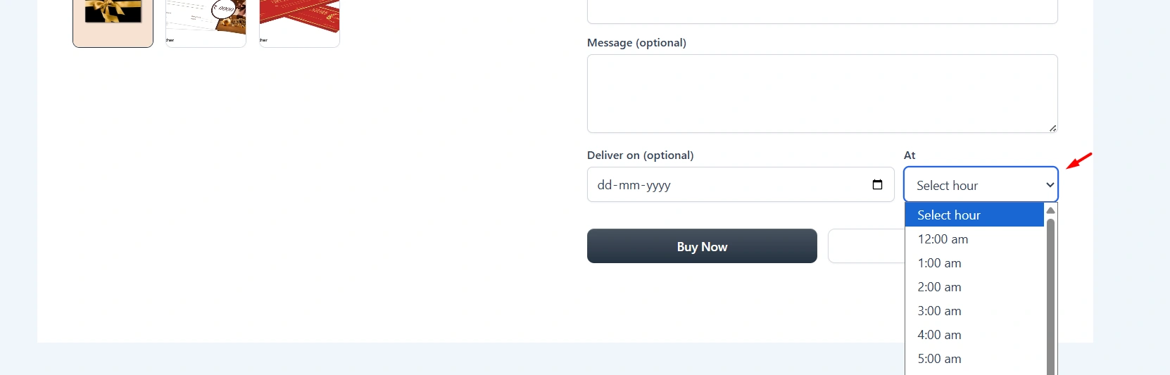Product page with Deliver on date picker and the At dropdown open on hourly options such as 12:00 am, 1:00 am and 2:00 am.