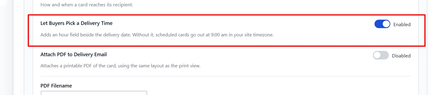 Let Buyers Pick a Delivery Time toggle. When it is on, the product form adds an At hour dropdown next to Deliver on.
