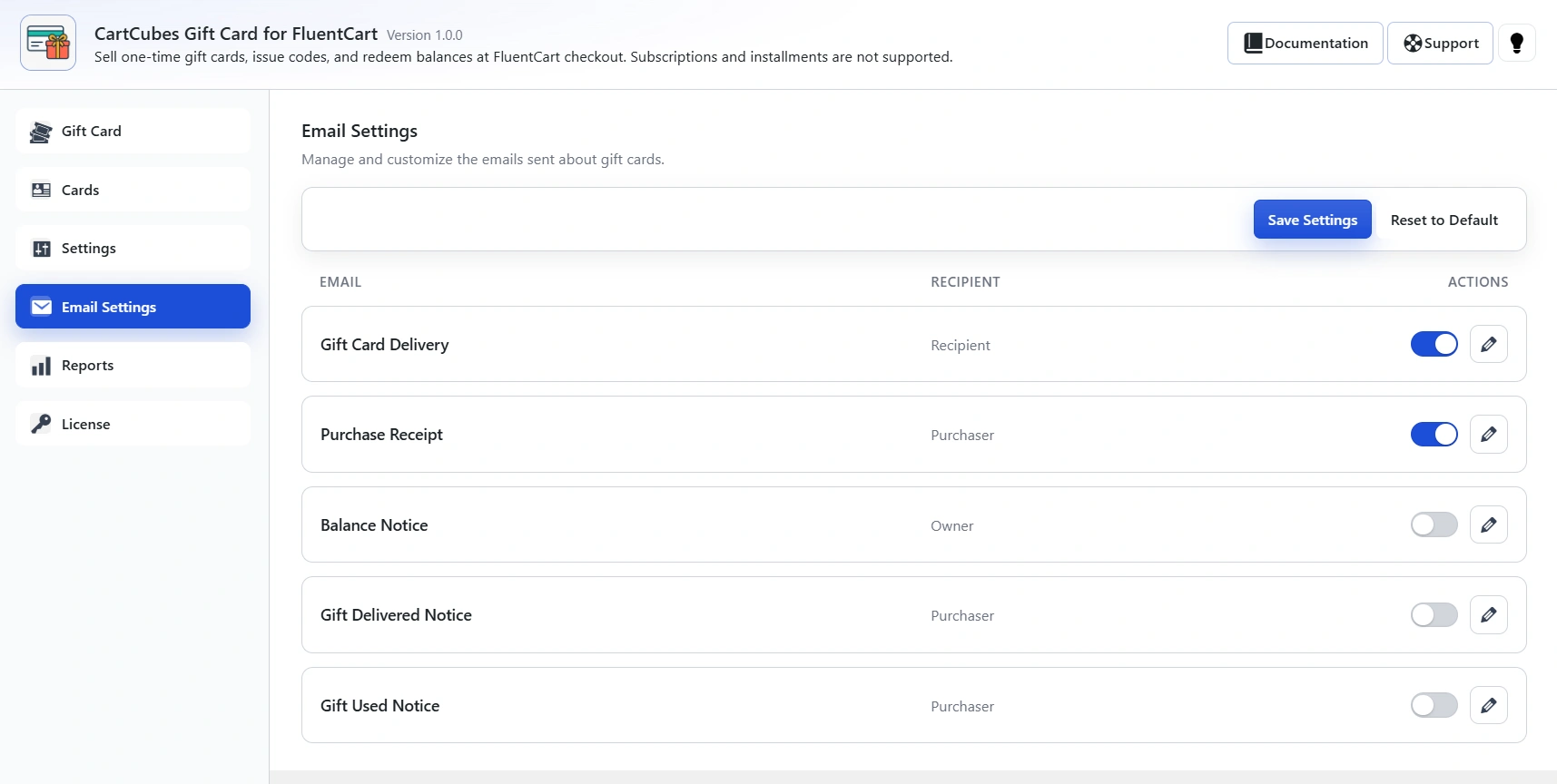 Email Settings list: Gift Card Delivery, Purchase Receipt, Balance Notice, Gift Delivered Notice and Gift Used Notice, each with recipient, enable toggle and edit control.
