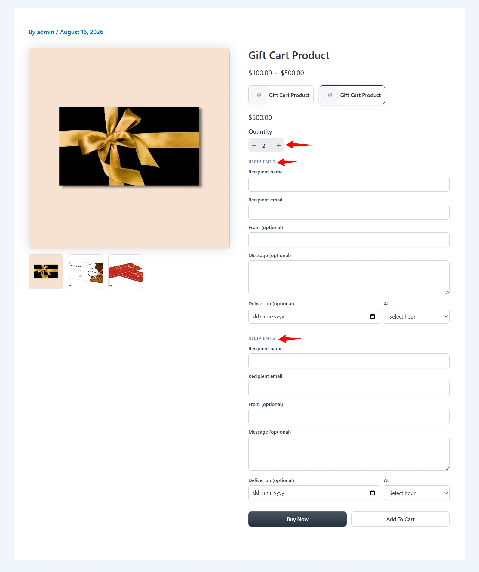 Quantity set to 2 on the product page, with Recipient 1 and Recipient 2 each showing name, email, from, message, Deliver on and At.