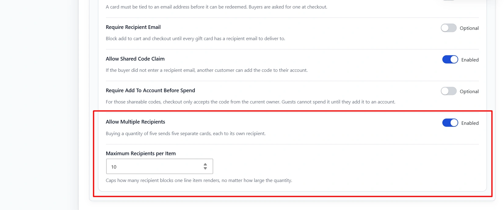 Allow Multiple Recipients and Maximum Recipients per Item (default 10). Quantity then creates that many cards, each with its own recipient block.