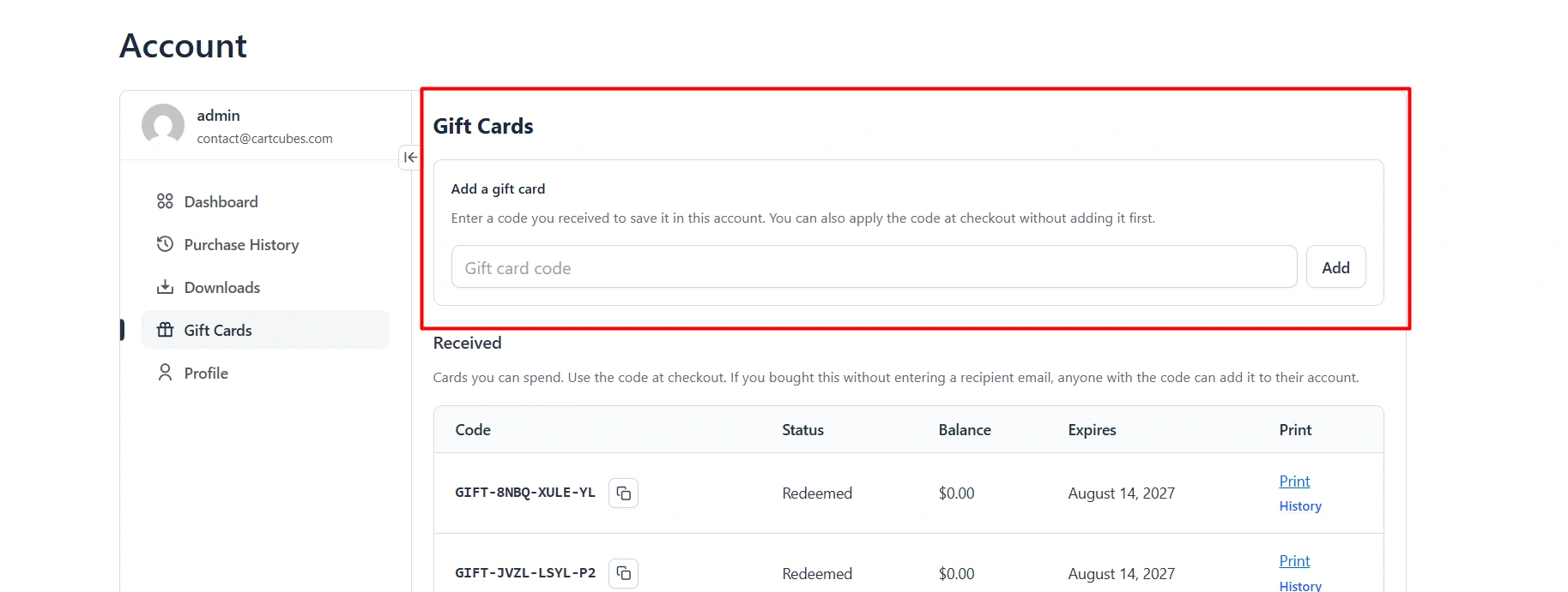 Add a gift card on the customer dashboard: Gift card code field and Add button, so a shared code can be claimed without applying it at checkout first.