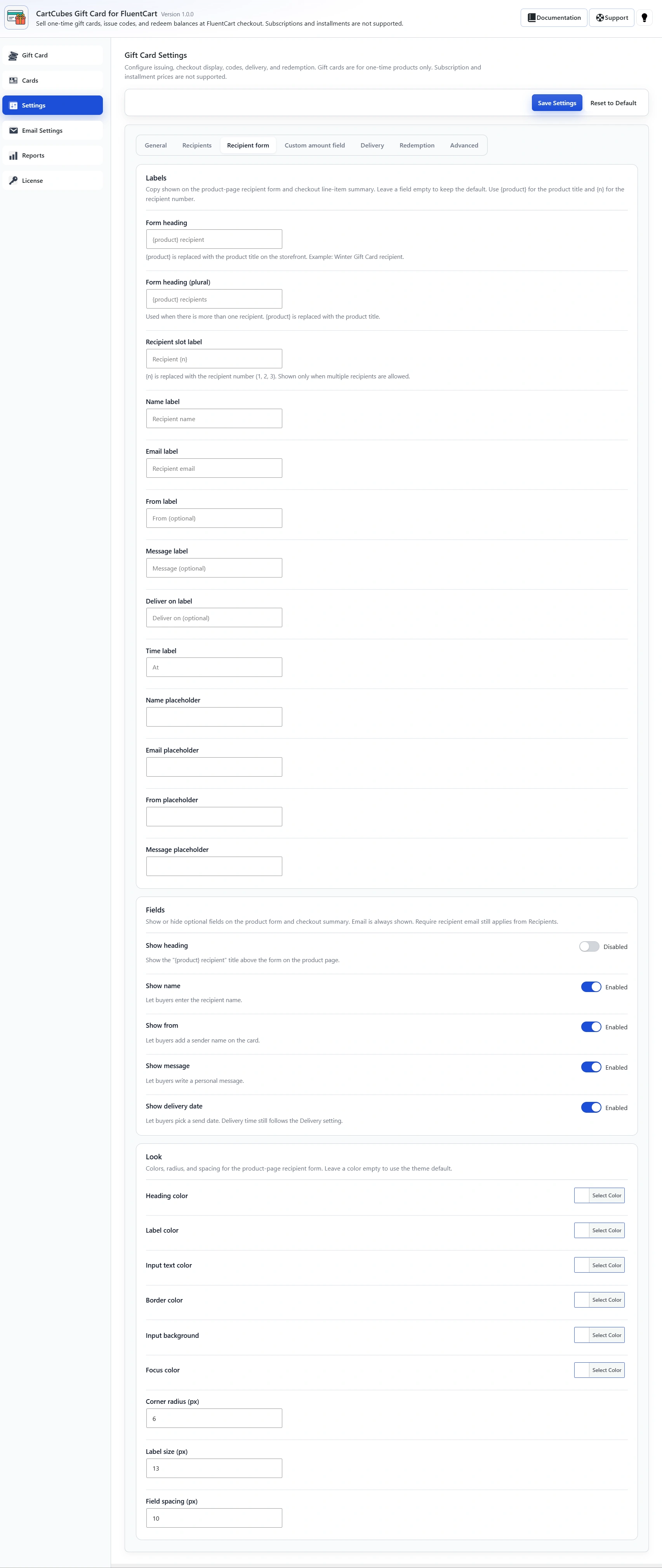 Recipient form tab with Labels, Fields and Look: show or hide heading, name, from, message and delivery date, plus colours, radius and spacing.
