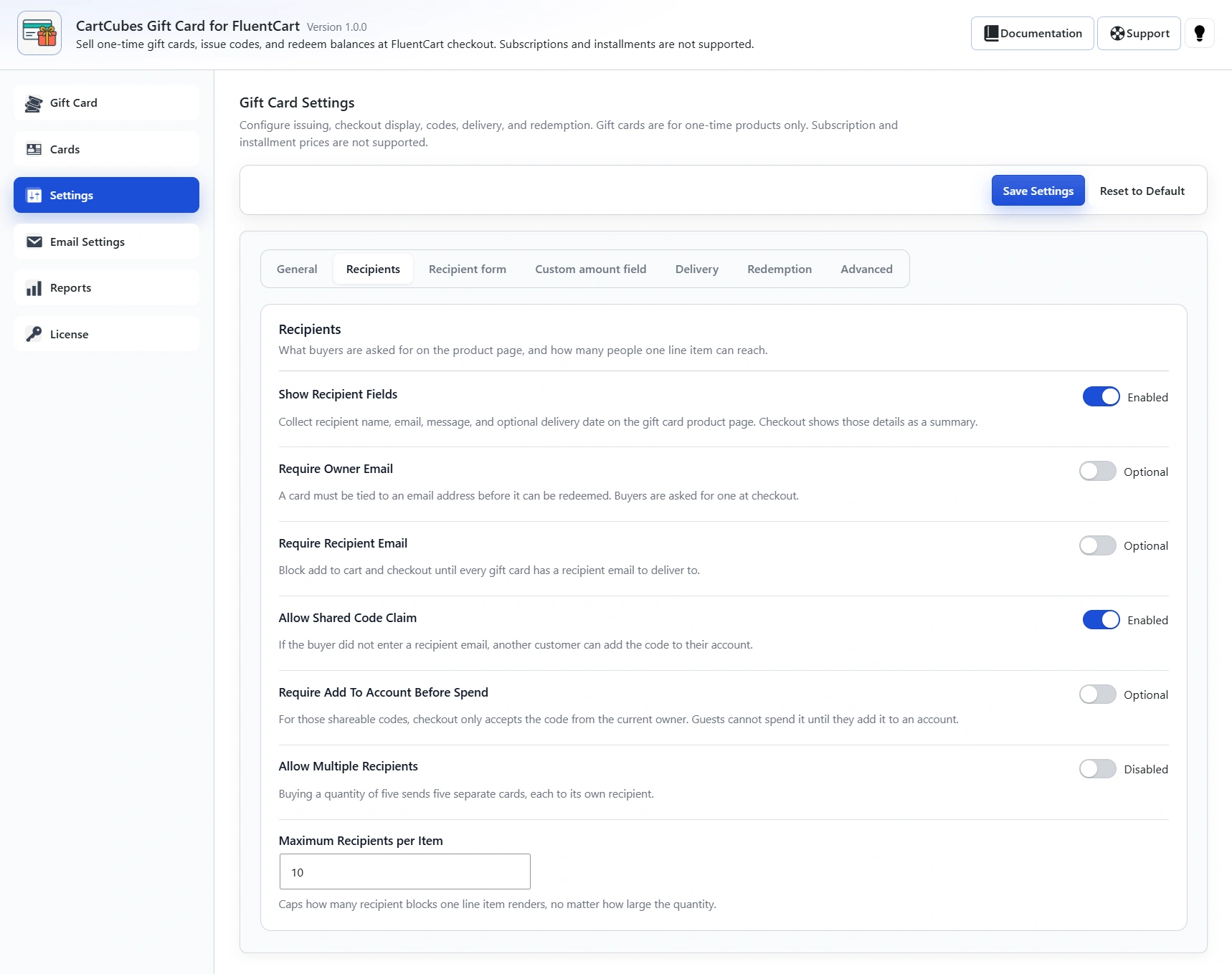 Recipients tab with Show Recipient Fields, Require Owner Email, Require Recipient Email, Allow Shared Code Claim, Require Add To Account Before Spend, Allow Multiple Recipients and Maximum Recipients per Item.