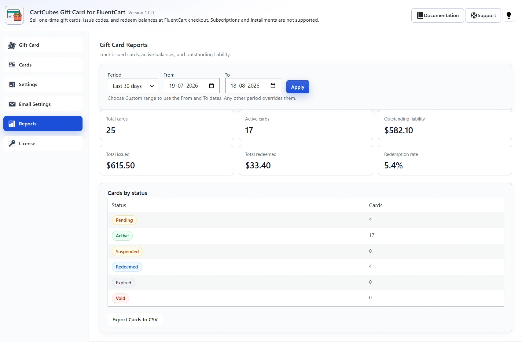 Reports dashboard: Total cards, Active cards, Outstanding liability, Total issued, Total redeemed and Redemption rate, plus Cards by status (Pending, Active, Suspended, Redeemed, Expired, Void) and Export Cards to CSV.