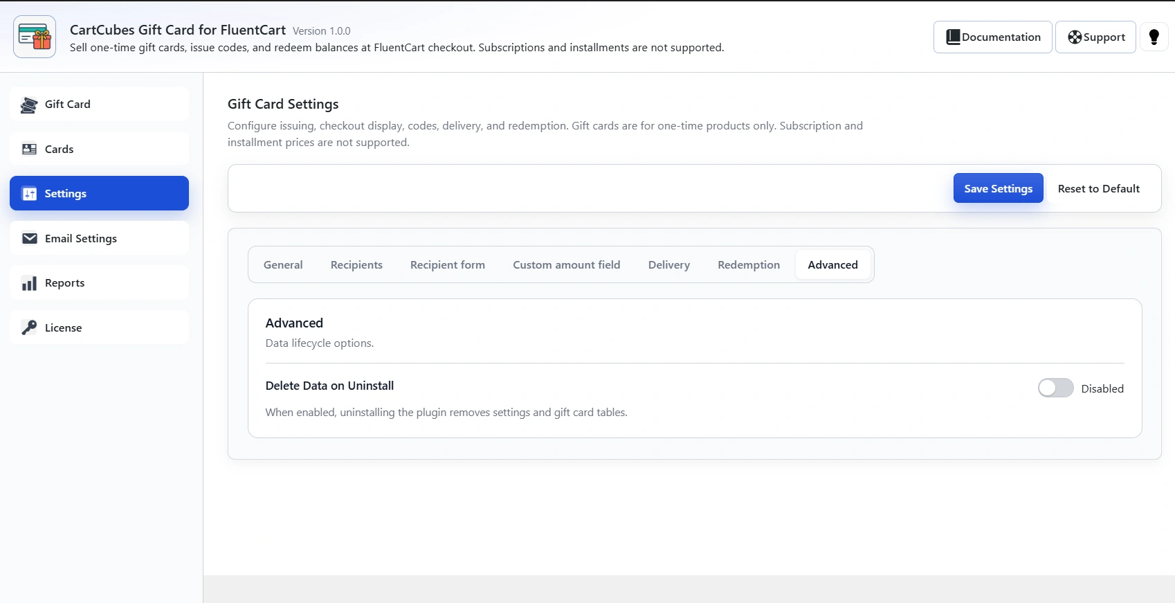 Advanced tab with Delete Data on Uninstall. Off by default so cards, balances and settings survive an uninstall.