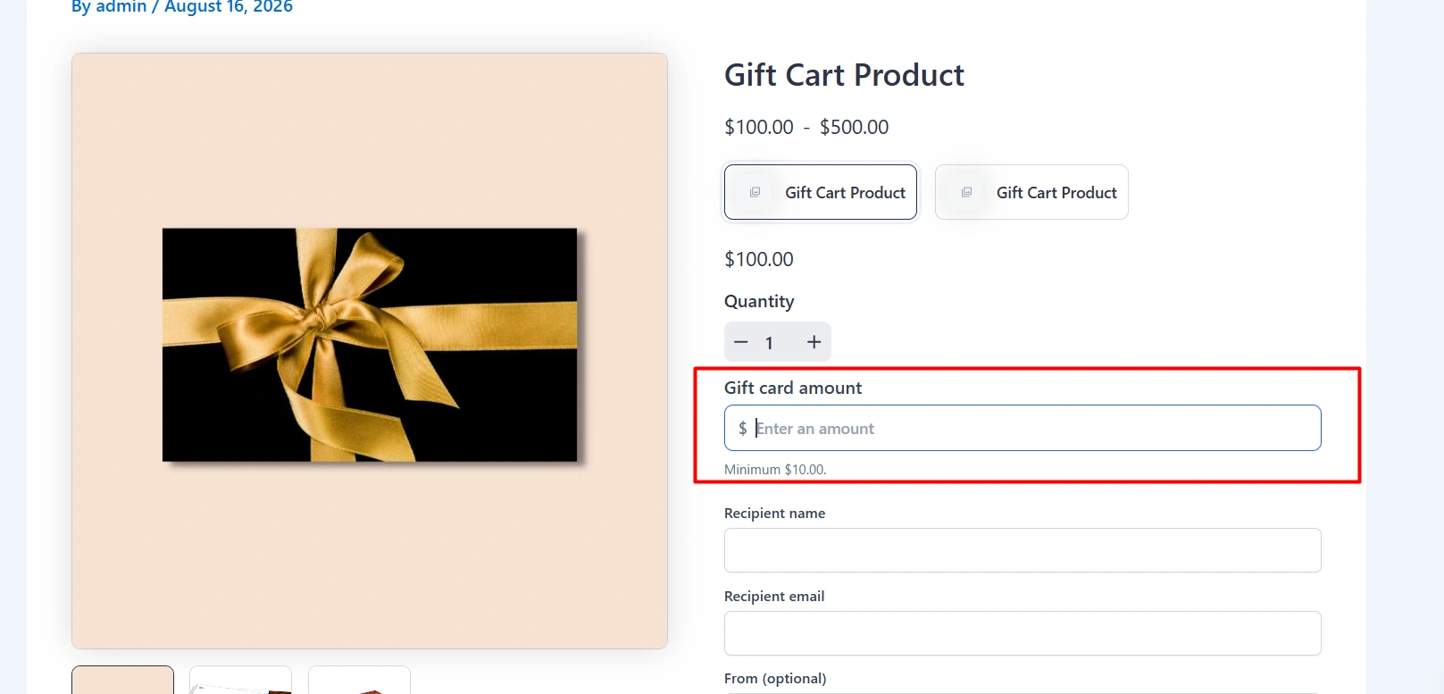 Product page with Gift card amount, placeholder Enter an amount, and the hint Minimum $10.00 under the field, above the recipient form.