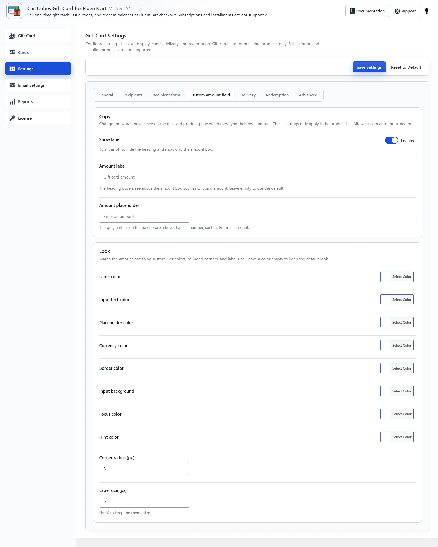Custom amount field tab with Show label, Amount label, Amount placeholder, colours, Corner radius (px) and Label size (px).