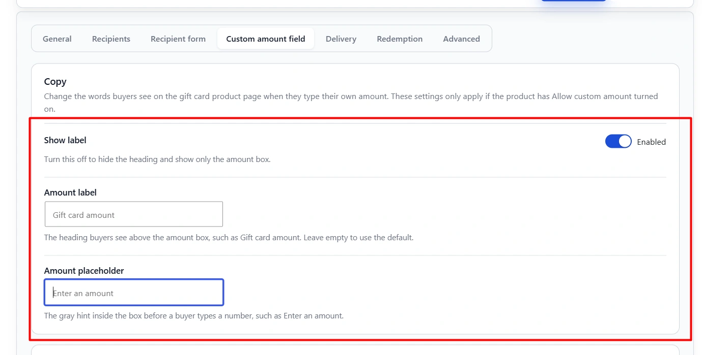 The amount field settings in detail: default label Gift card amount and placeholder Enter an amount, plus colour and radius controls.