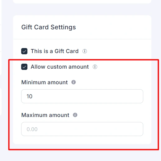 Allow custom amount checked on the product, with Minimum amount set to 10 and Maximum amount left at the 0.00 placeholder (no maximum).