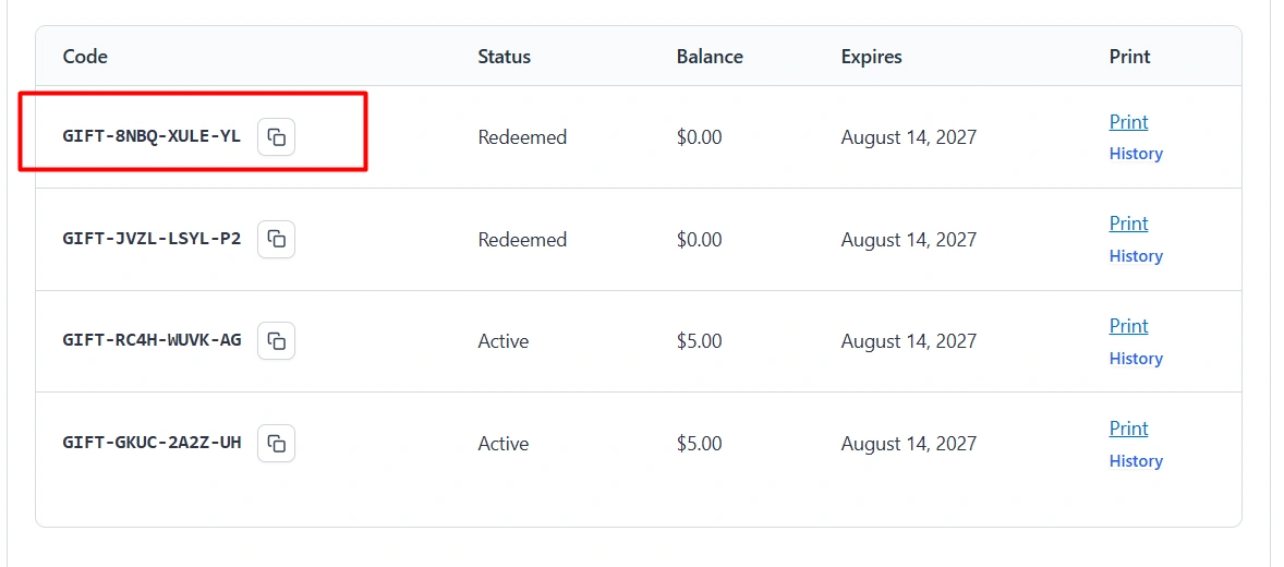 Issued codes using the default pattern, such as GIFT-8NBQ-XULE-YL, in the customer dashboard Received table with copy, status, balance, expiry, Print and History.
