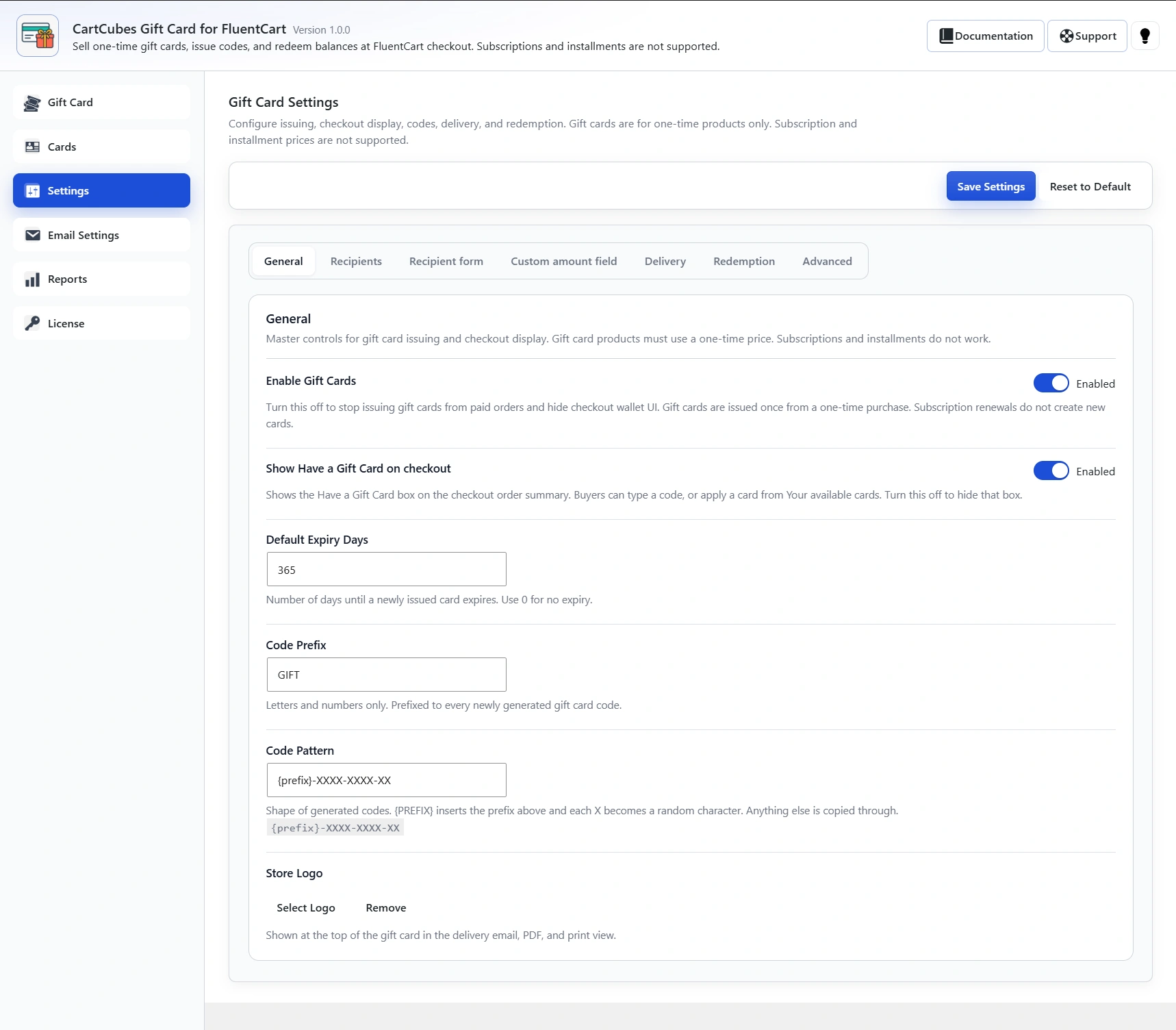 General tab: Enable Gift Cards, Show Have a Gift Card on checkout, Default Expiry Days, Code Prefix, Code Pattern and Store Logo, with Recipients, Recipient form, Custom amount field, Delivery, Redemption and Advanced across the top.